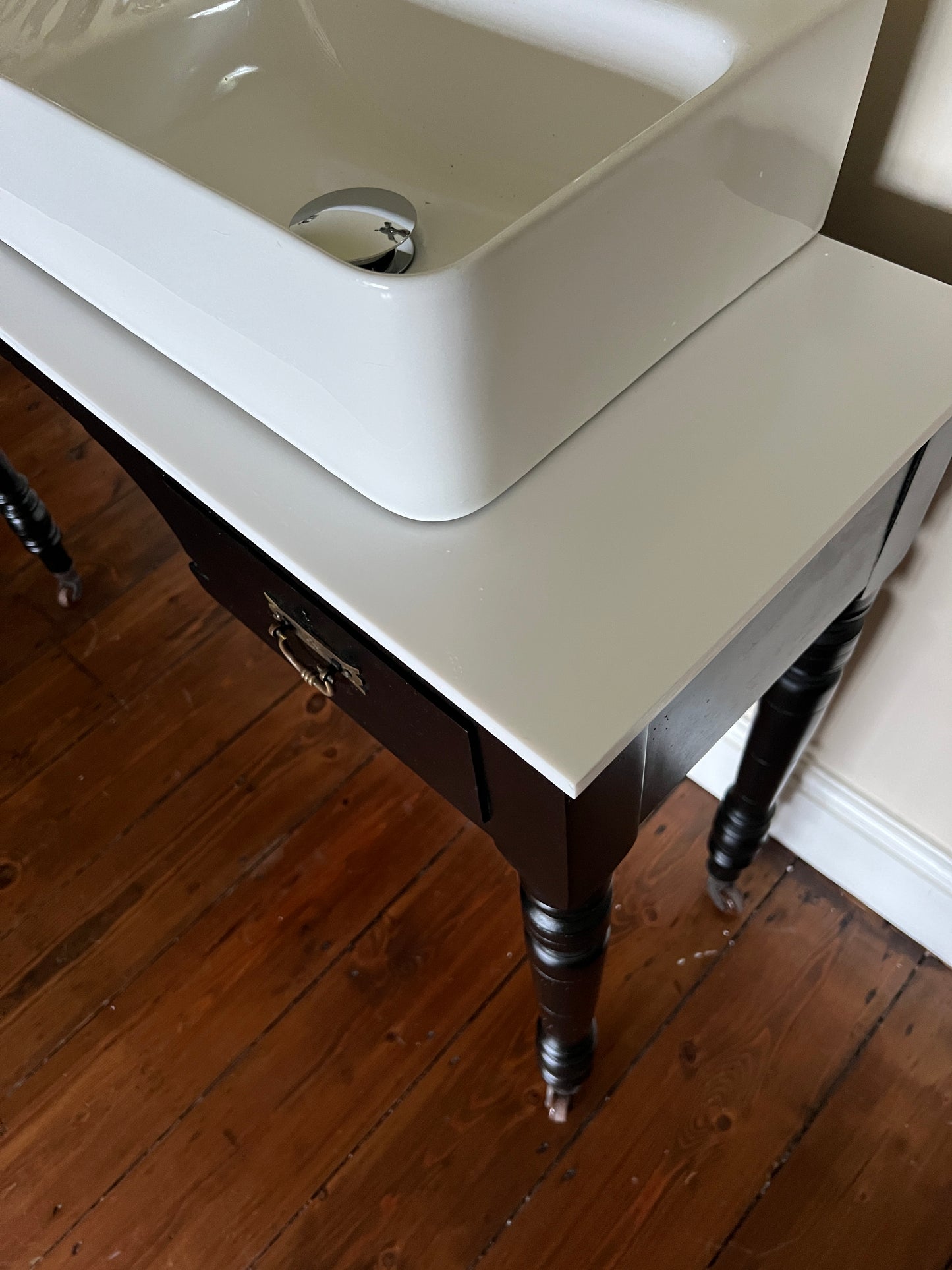Victorian console table double vanity sink, black with white corian top and chrome taps