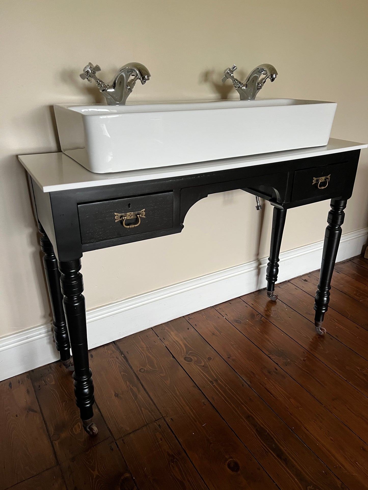 Victorian console table double vanity sink, black with white corian top and chrome taps