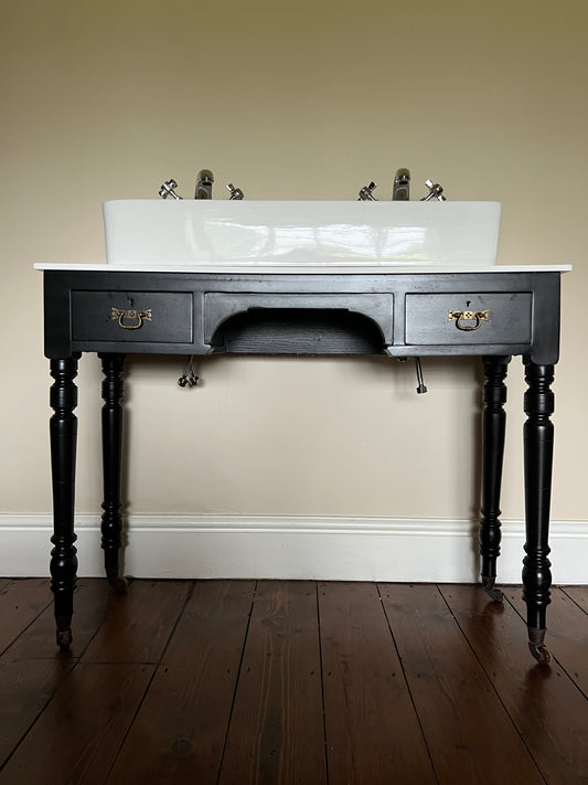 Victorian console table double vanity sink, black with white corian top and chrome taps