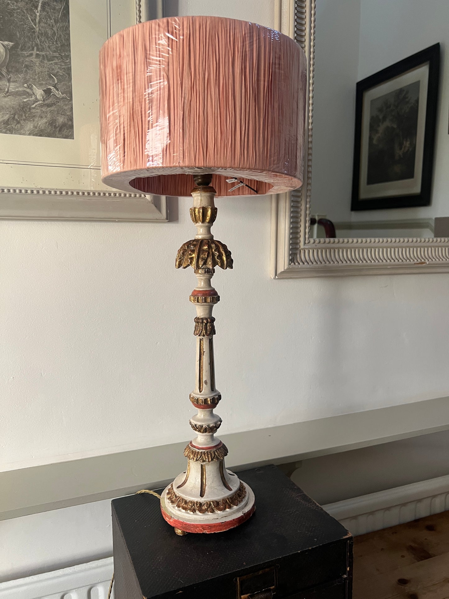 Rare Pair of Decorative, Carved Wood Painted Lamps