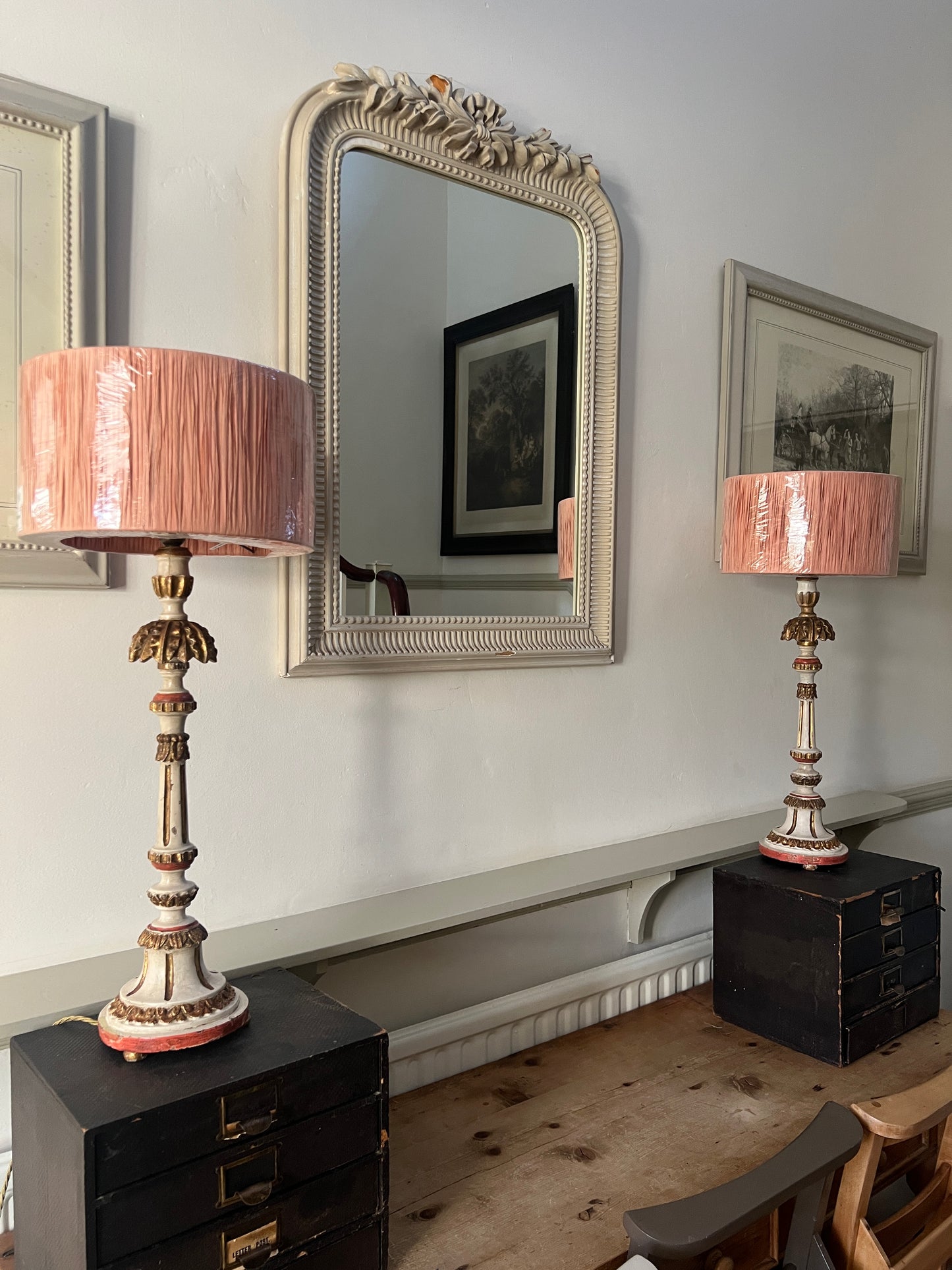 Rare Pair of Decorative, Carved Wood Painted Lamps