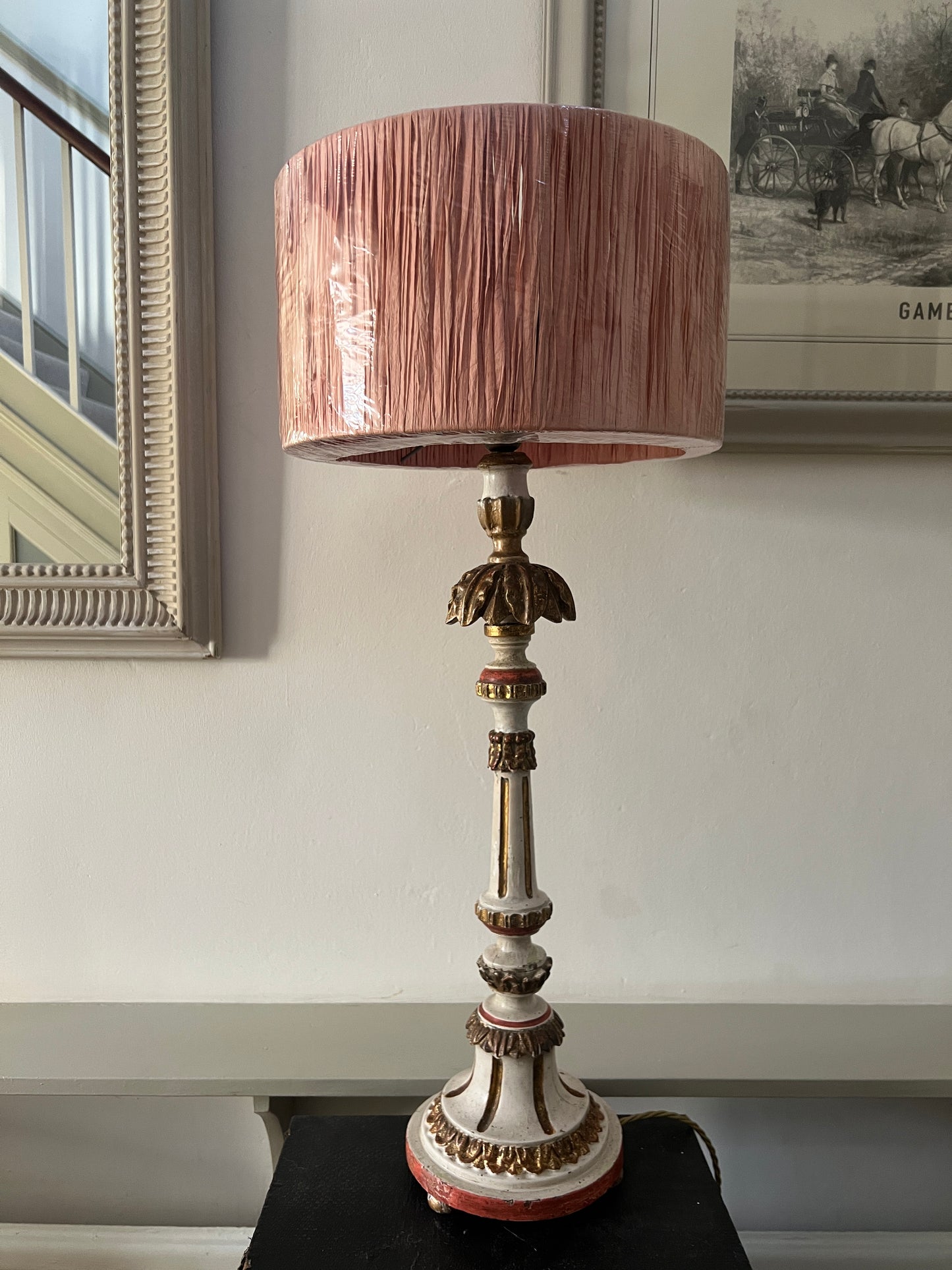 Rare Pair of Decorative, Carved Wood Painted Lamps