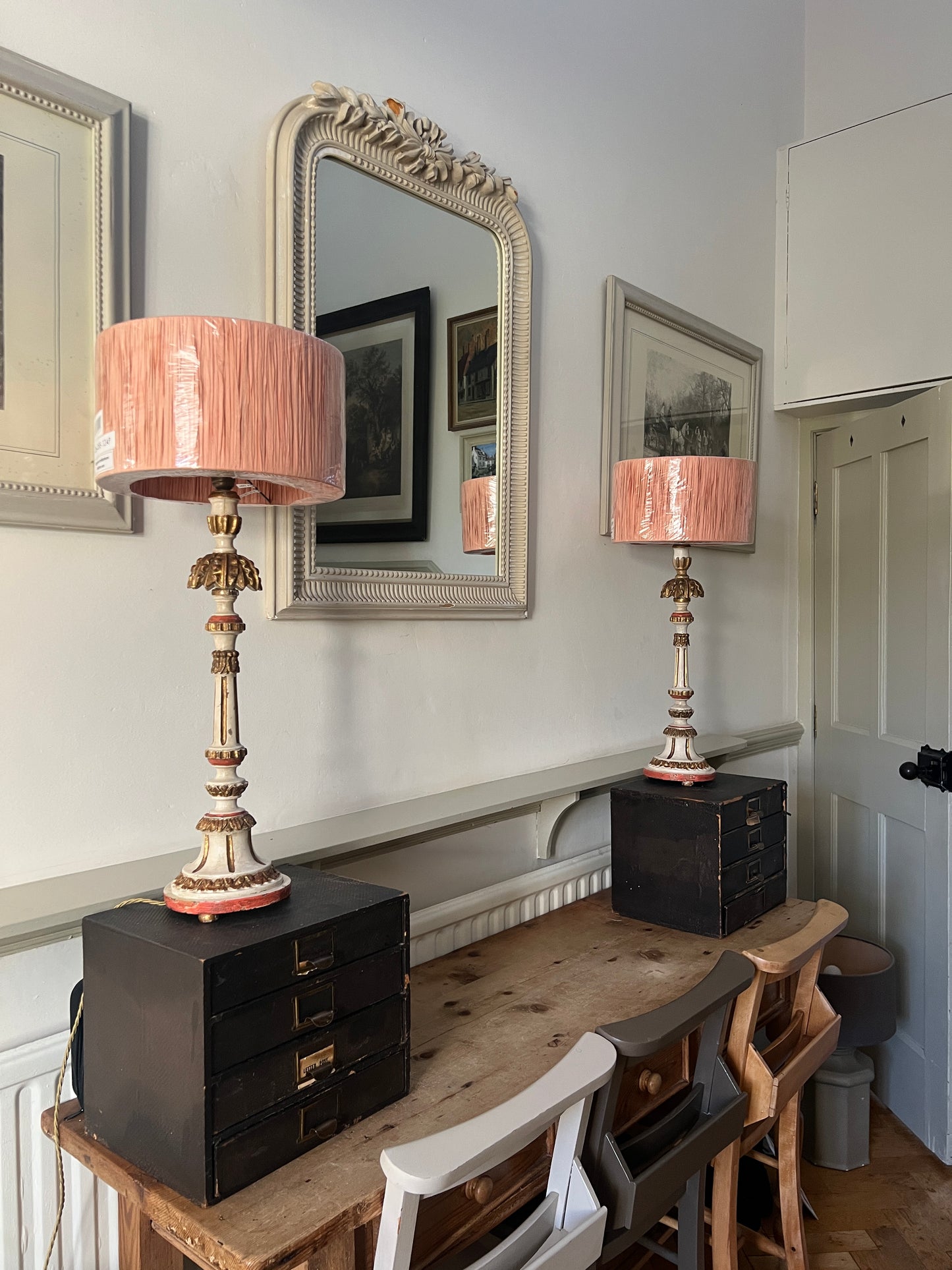 Rare Pair of Decorative, Carved Wood Painted Lamps