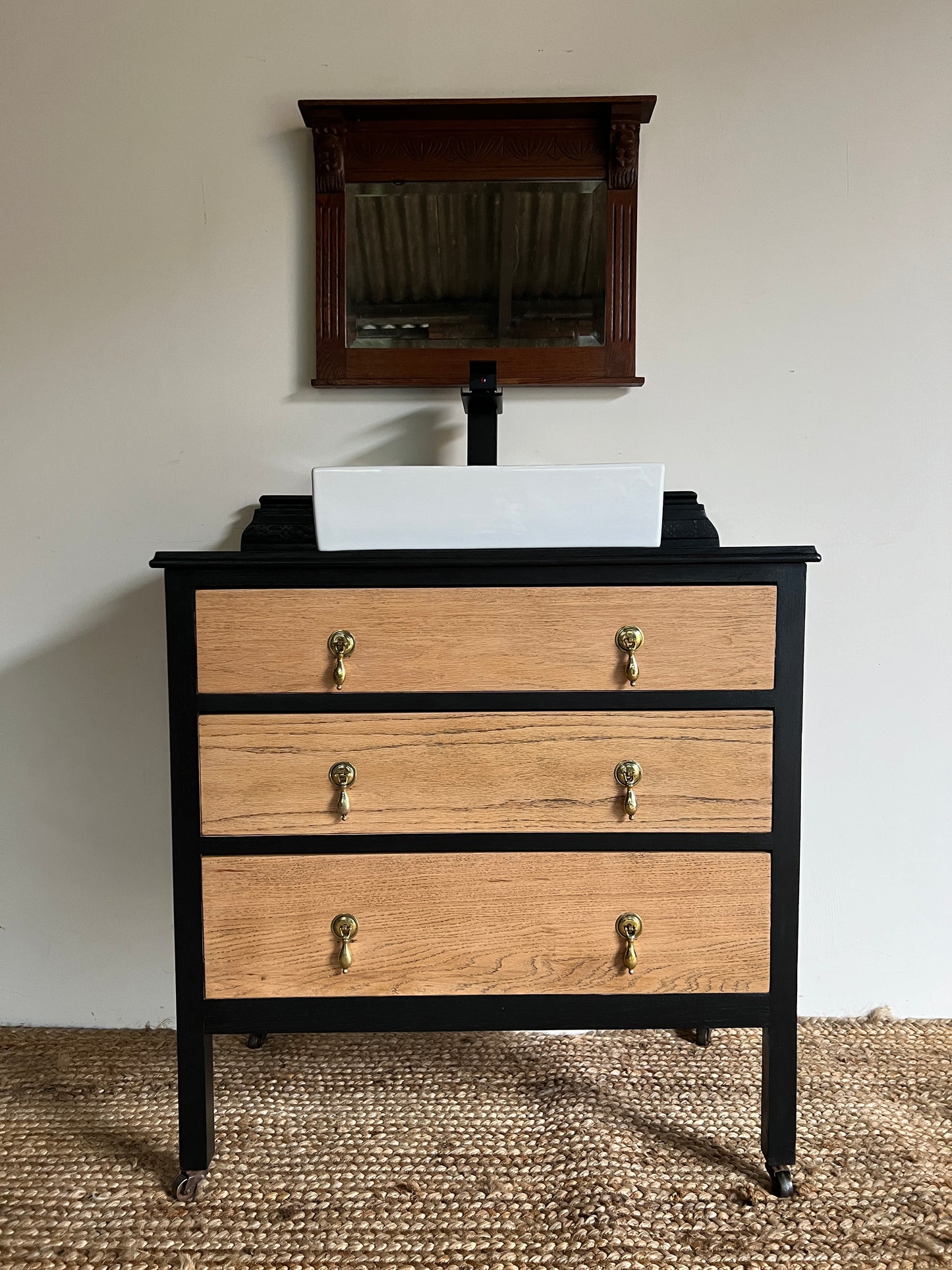 1930s Black and Light Oak Vintage Bathroom Vanity Unit