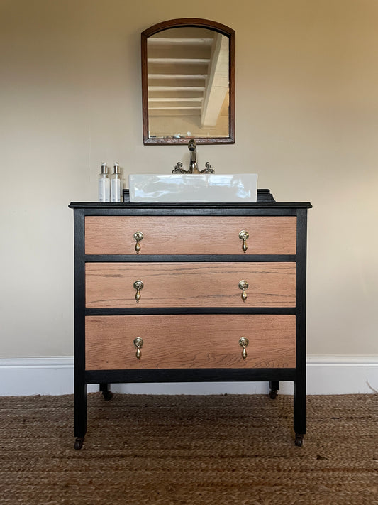 1930s Black and Light Oak Vintage Bathroom Vanity Unit