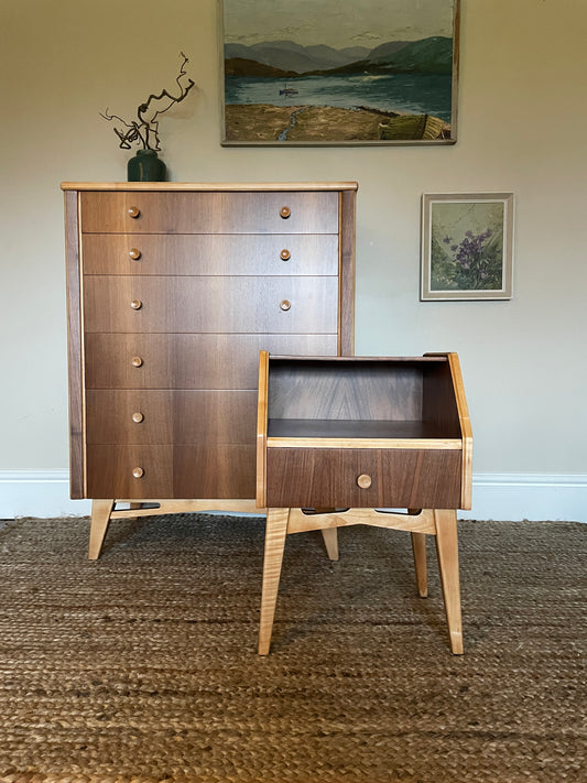 1960s Tall Boy Chest of Drawers and Bedside Table Set