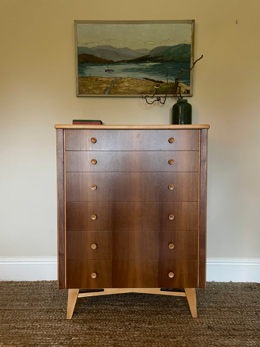 1960s Tall Boy Chest of Drawers with Button Handles and tapered Legs