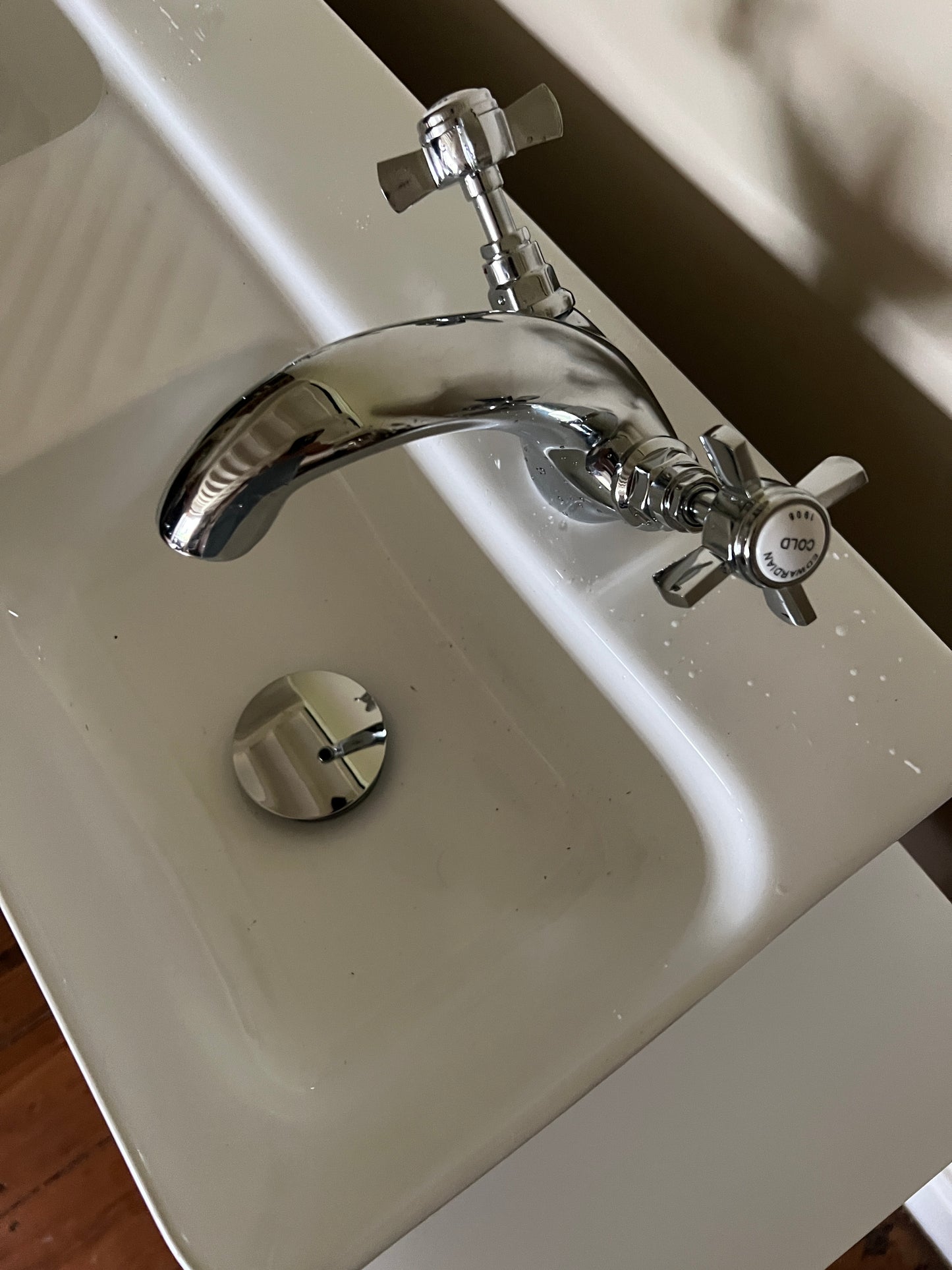 Victorian console table double vanity sink, black with white corian top and chrome taps