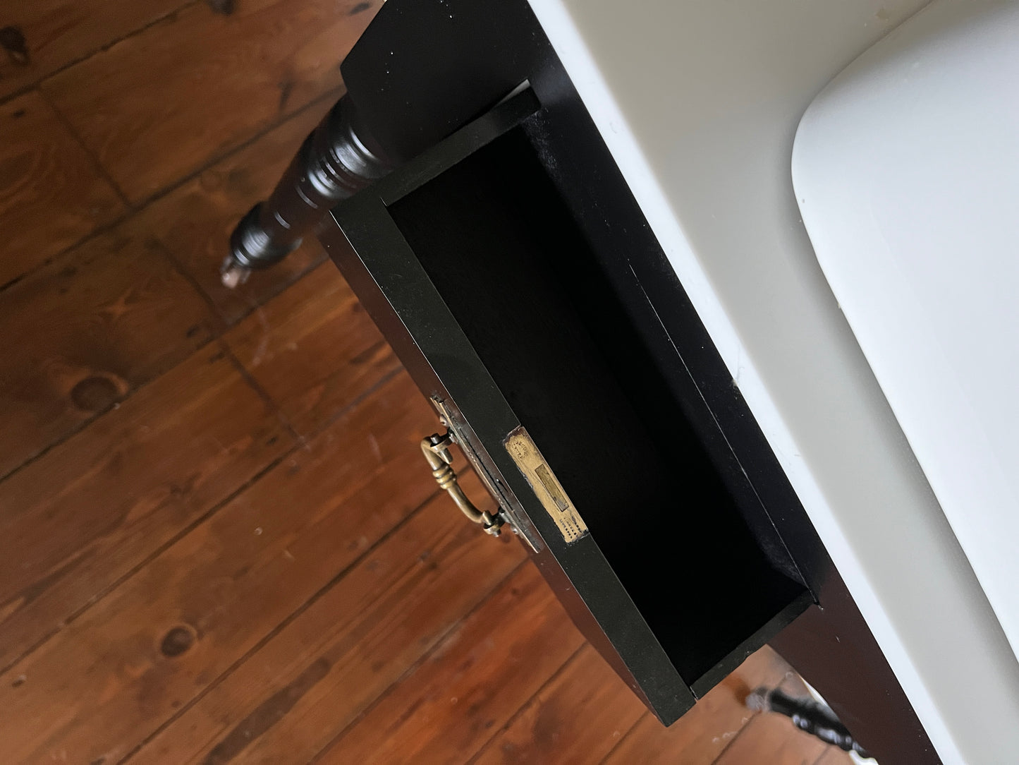Victorian console table double vanity sink, black with white corian top and chrome taps