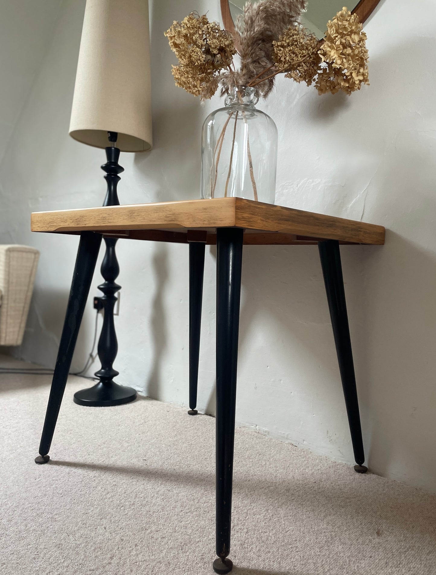 1960s Vintage Homeworthy Teak Coffee/Side Table with black Sputnik Legs