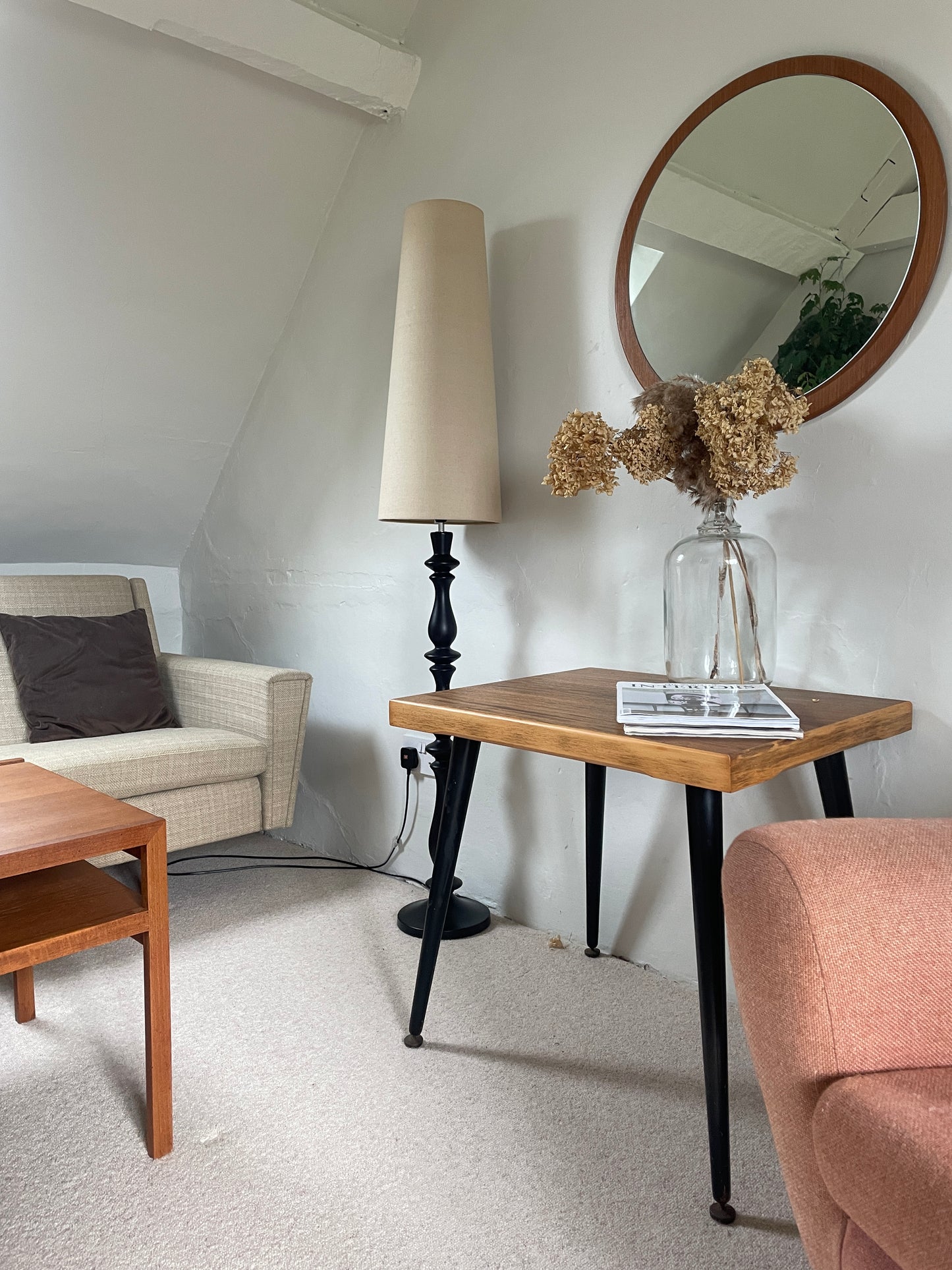 1960s Vintage Homeworthy Teak Coffee/Side Table with black Sputnik Legs