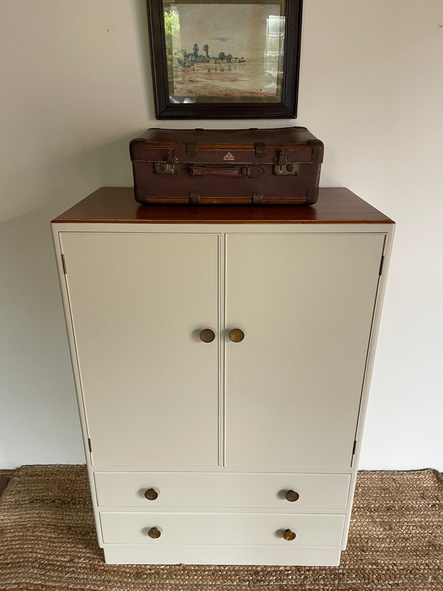 1950s Oak and Cream Tall Boy Cupboard with Drawers