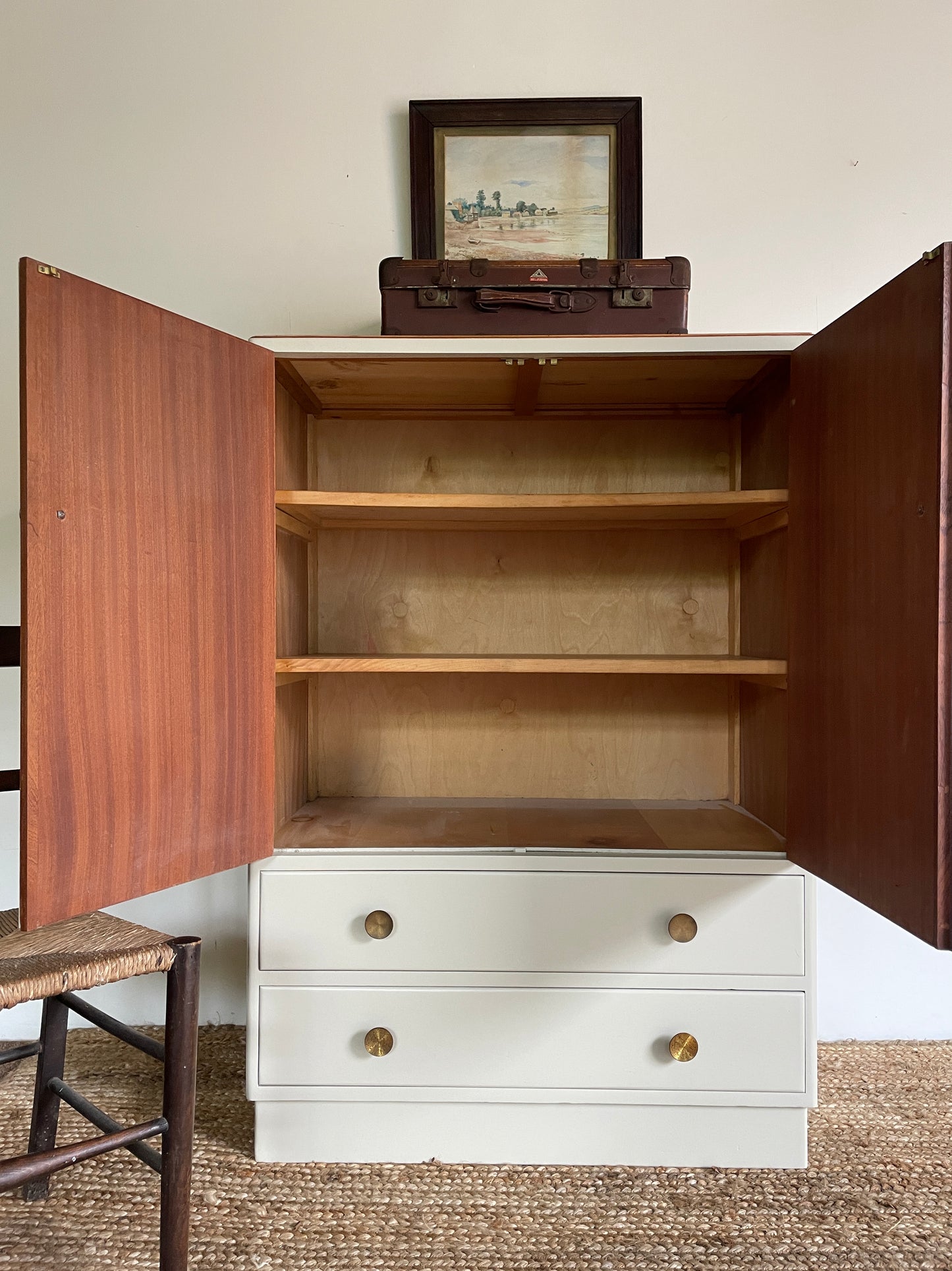 1950s Oak and Cream Tall Boy Cupboard with Drawers