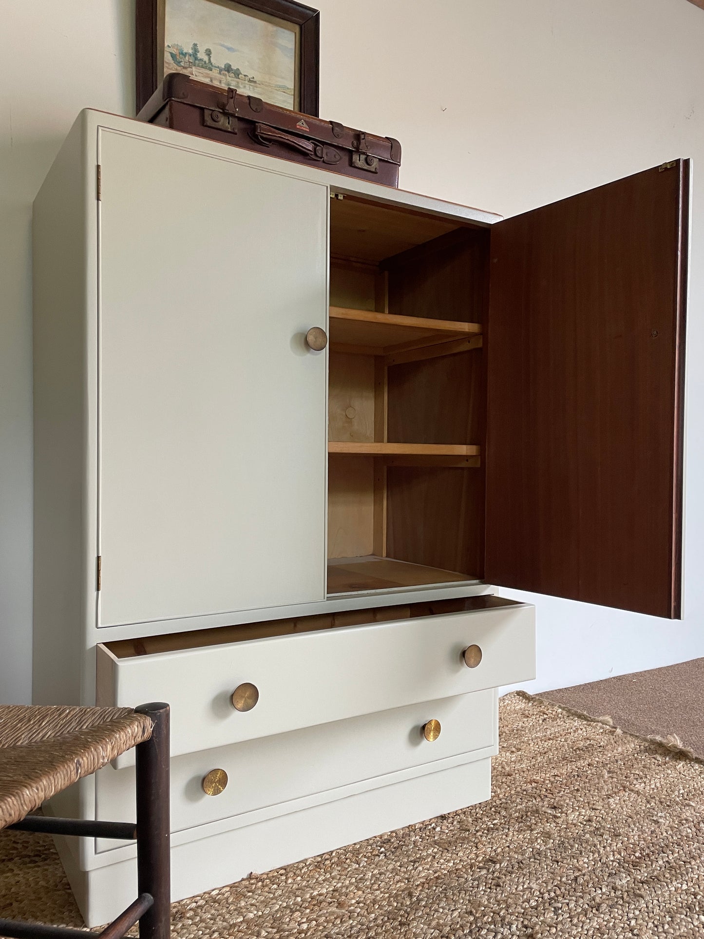 1950s Oak and Cream Tall Boy Cupboard with Drawers