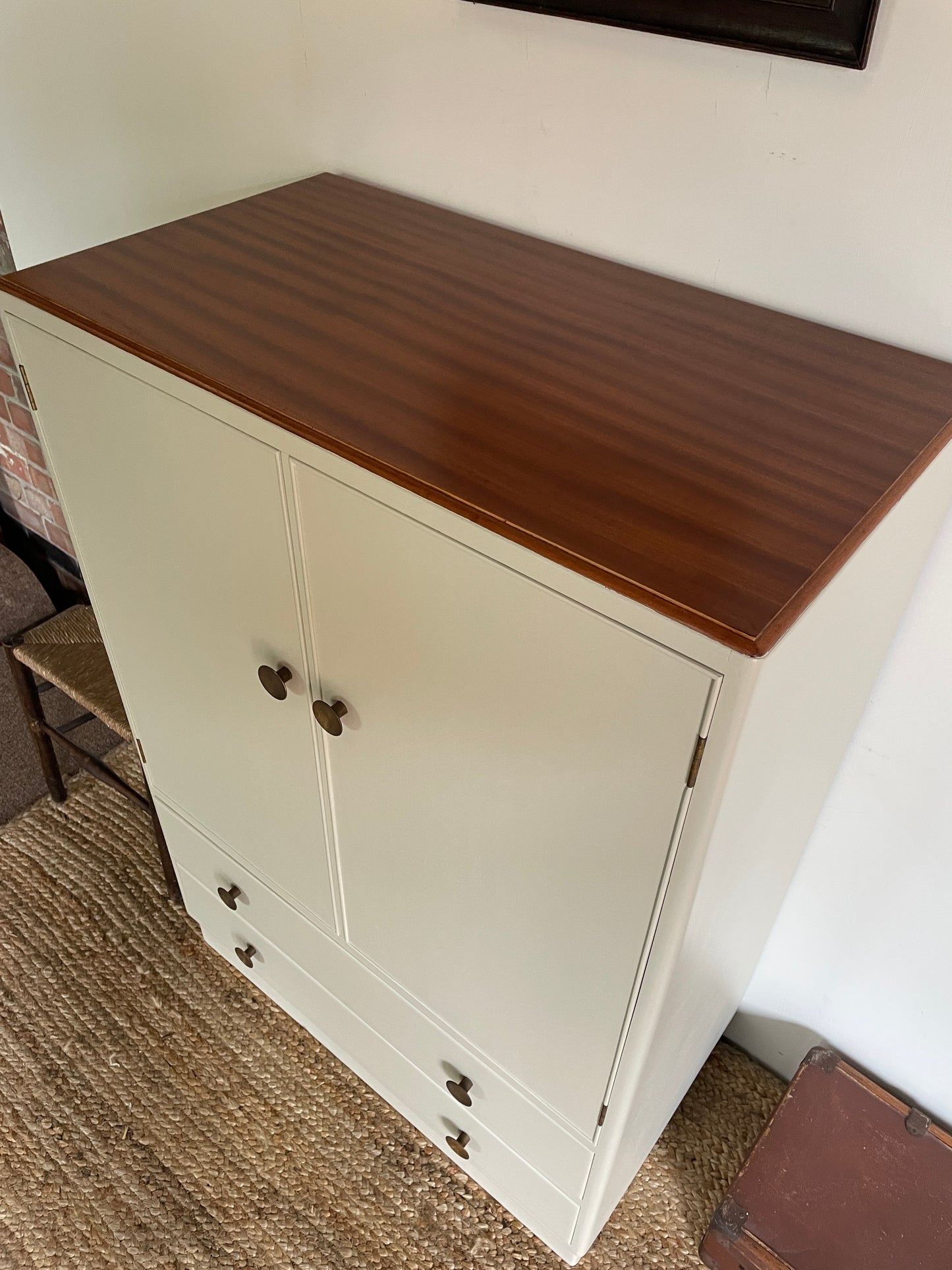 1950s Oak and Cream Tall Boy Cupboard with Drawers