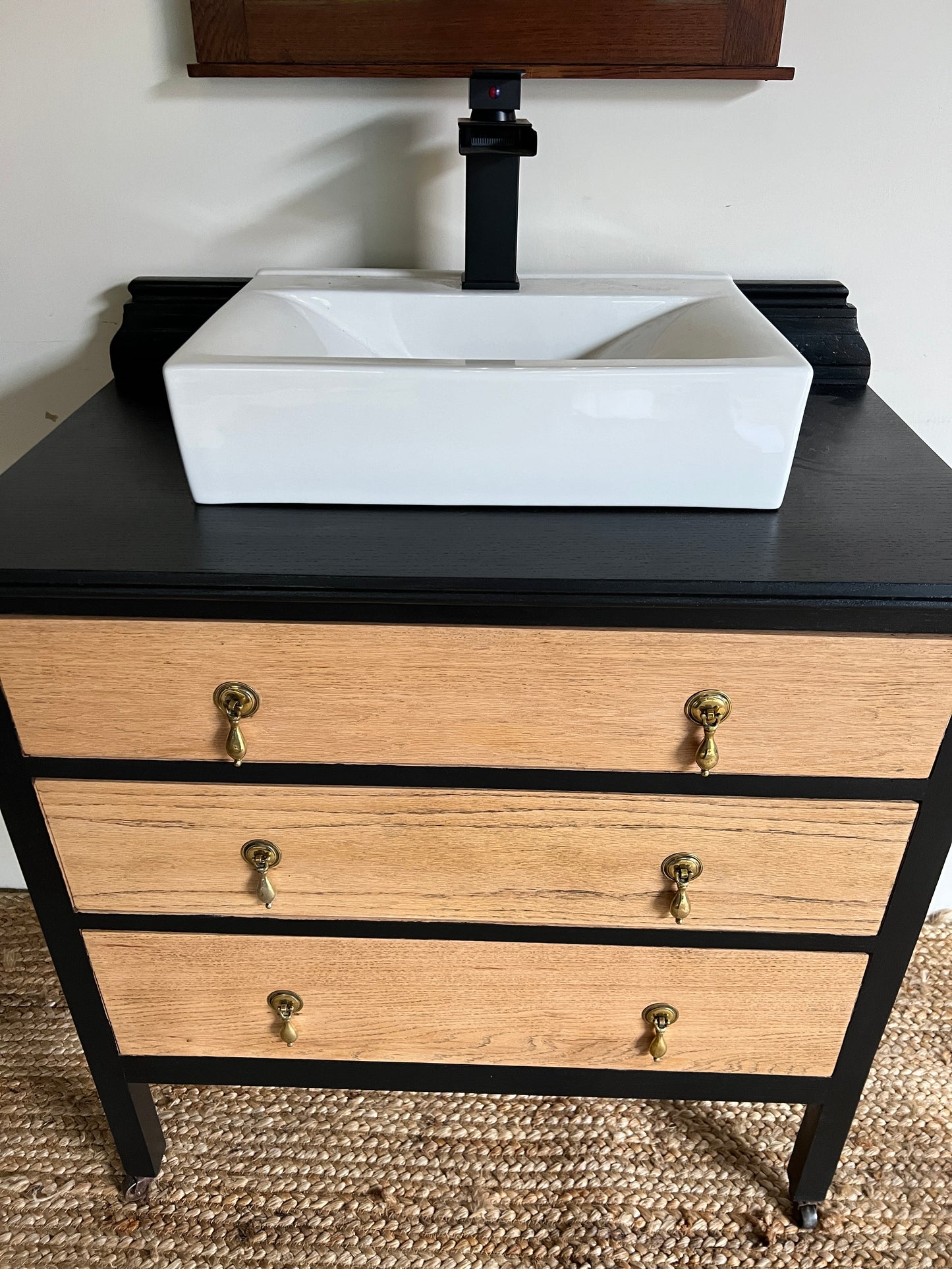 1930s Black and Light Oak Vintage Bathroom Vanity Unit