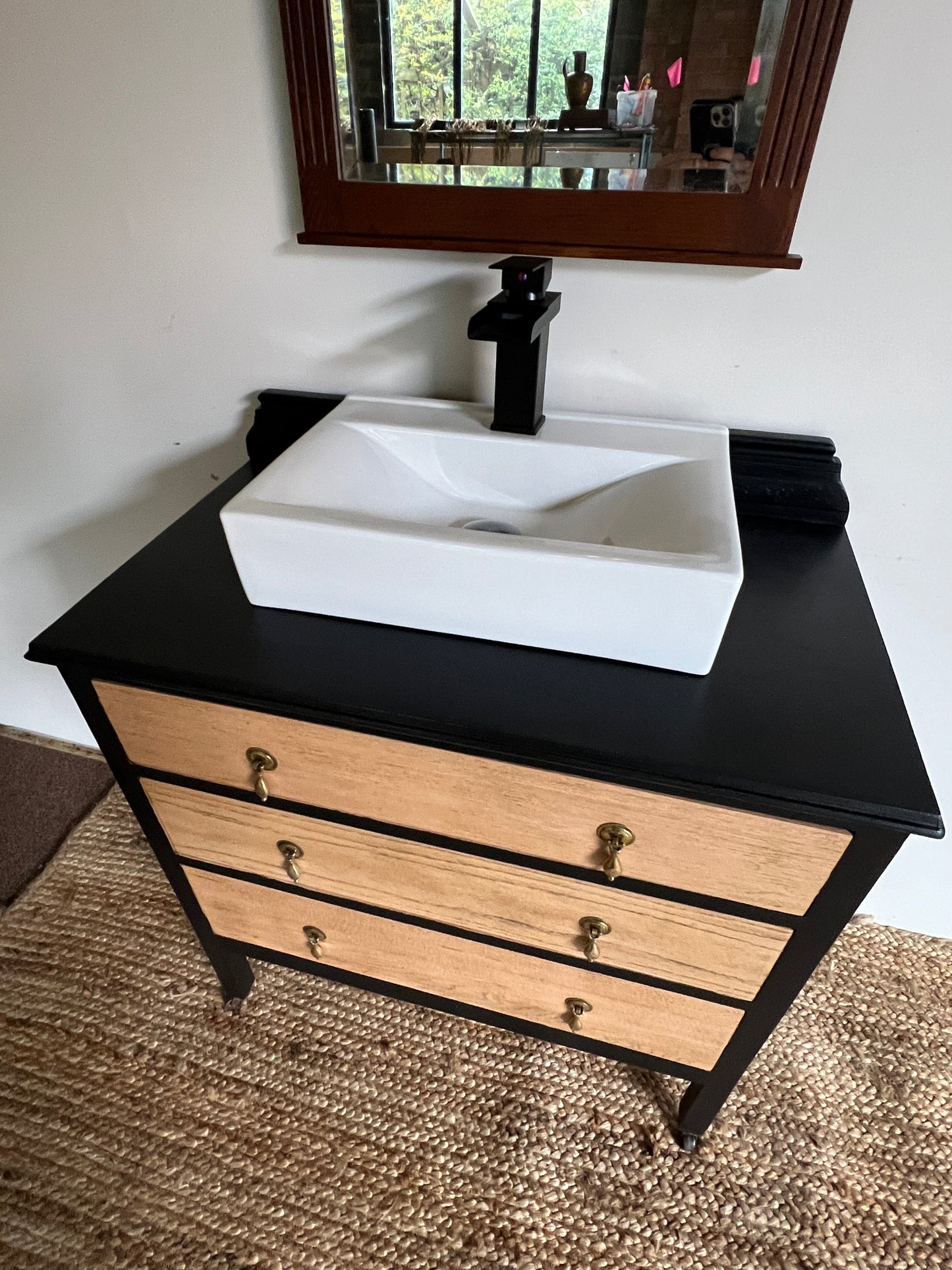 1930s Black and Light Oak Vintage Bathroom Vanity Unit