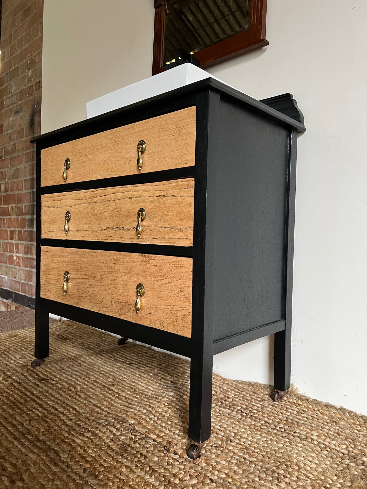 1930s Black and Light Oak Vintage Bathroom Vanity Unit