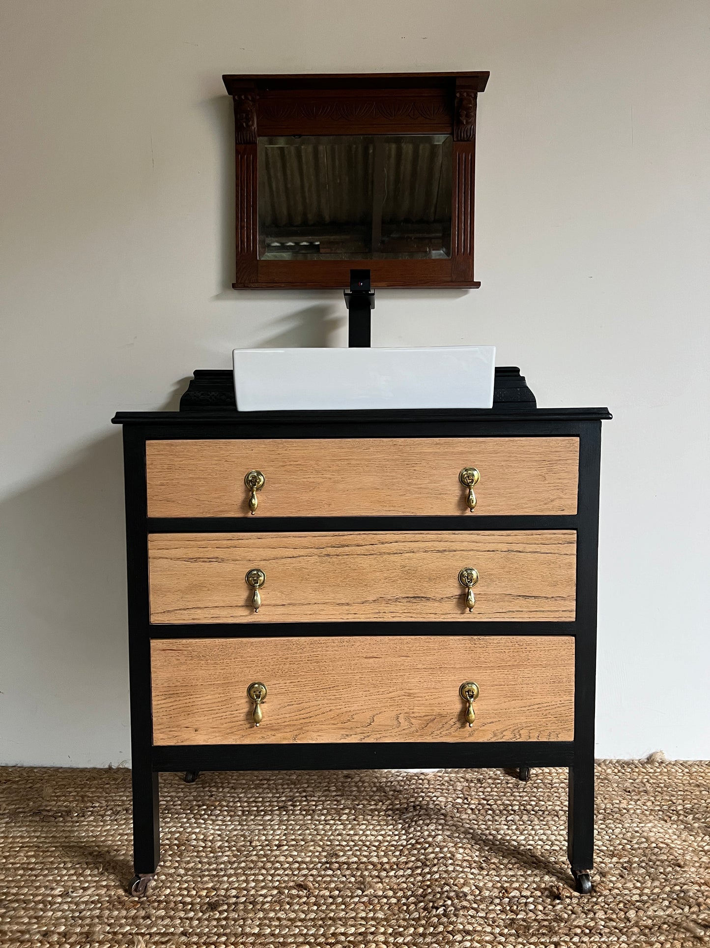 1930s Black and Light Oak Vintage Bathroom Vanity Unit