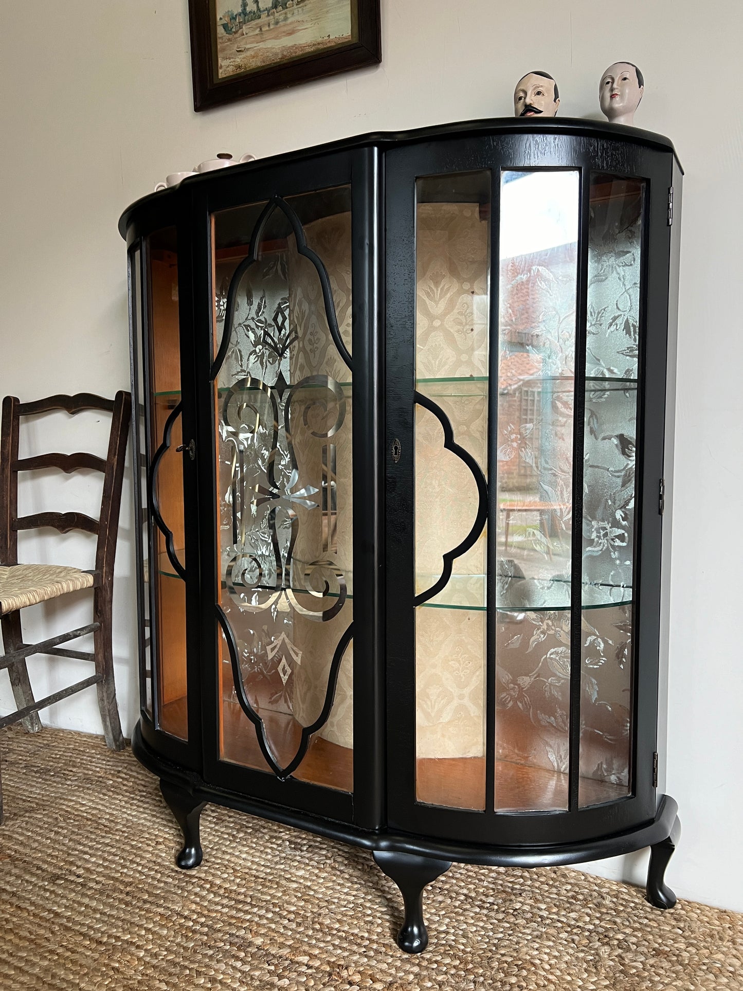 1930s Black Display Cabinet with two Lockable Doors on Queen Anne Legs