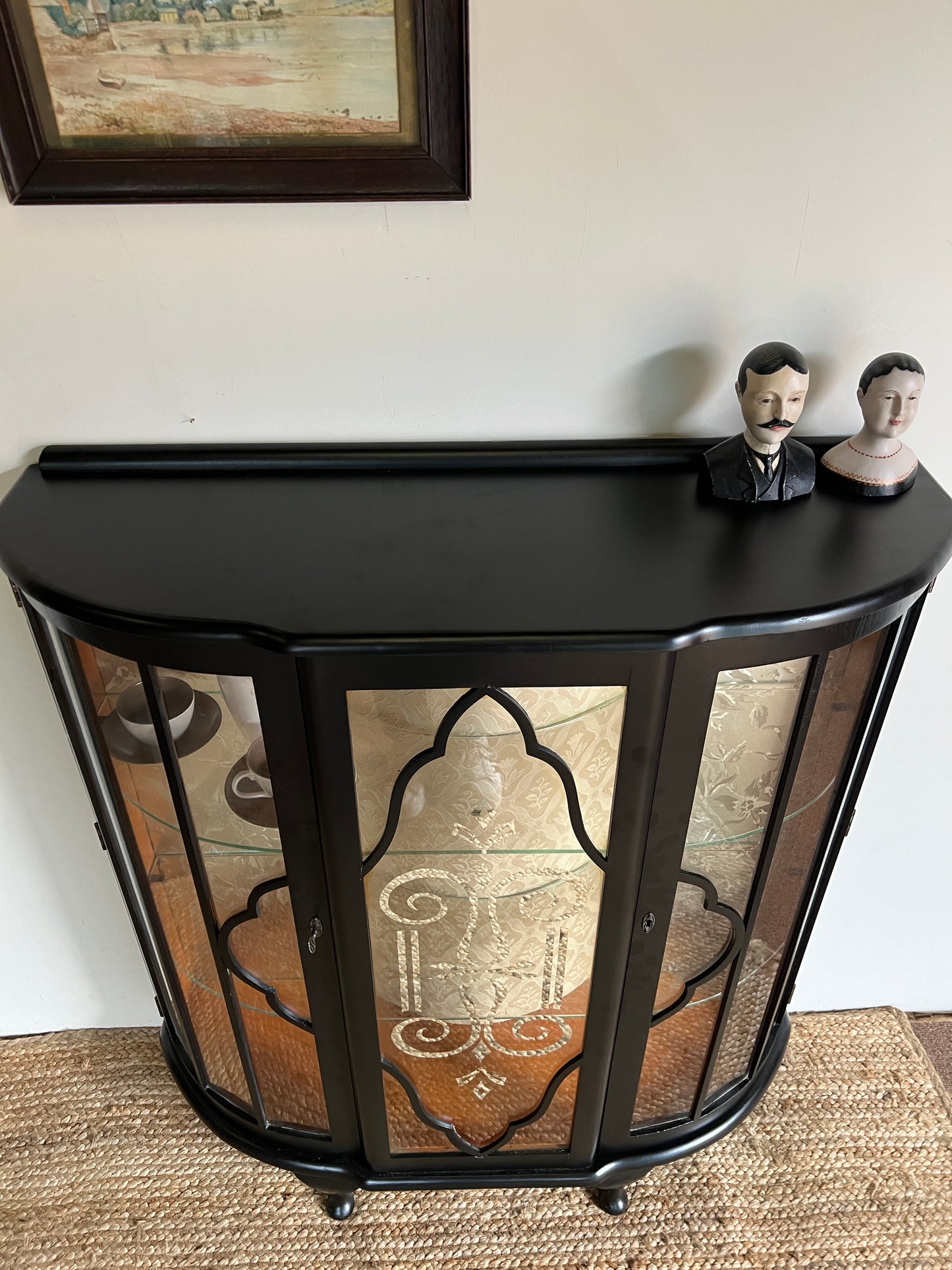 1930s Black Display Cabinet with two Lockable Doors on Queen Anne Legs