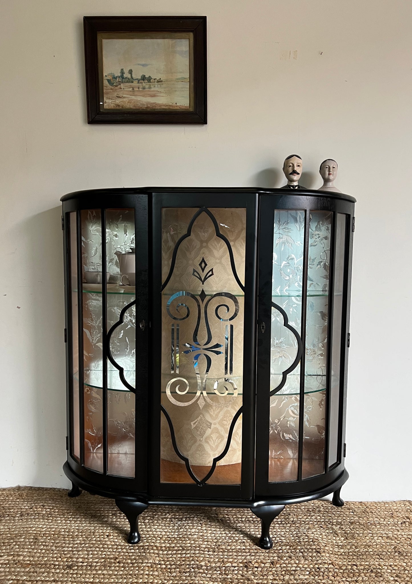 1930s Black Display Cabinet with two Lockable Doors on Queen Anne Legs