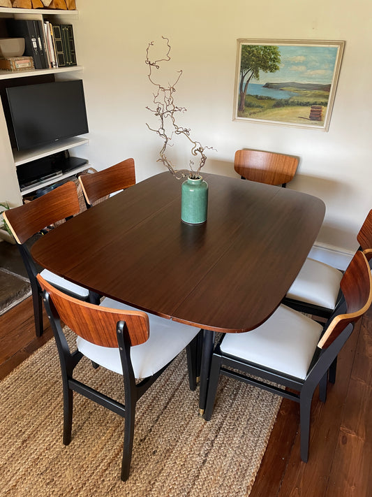 1950s Drop Leaf Table with Six Black and Cream Dining Chairs by E. Gomme for G-Plan