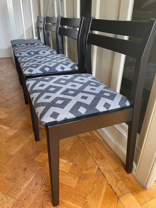 Mid Century Black and Grey Abstract Dining Chairs, Three